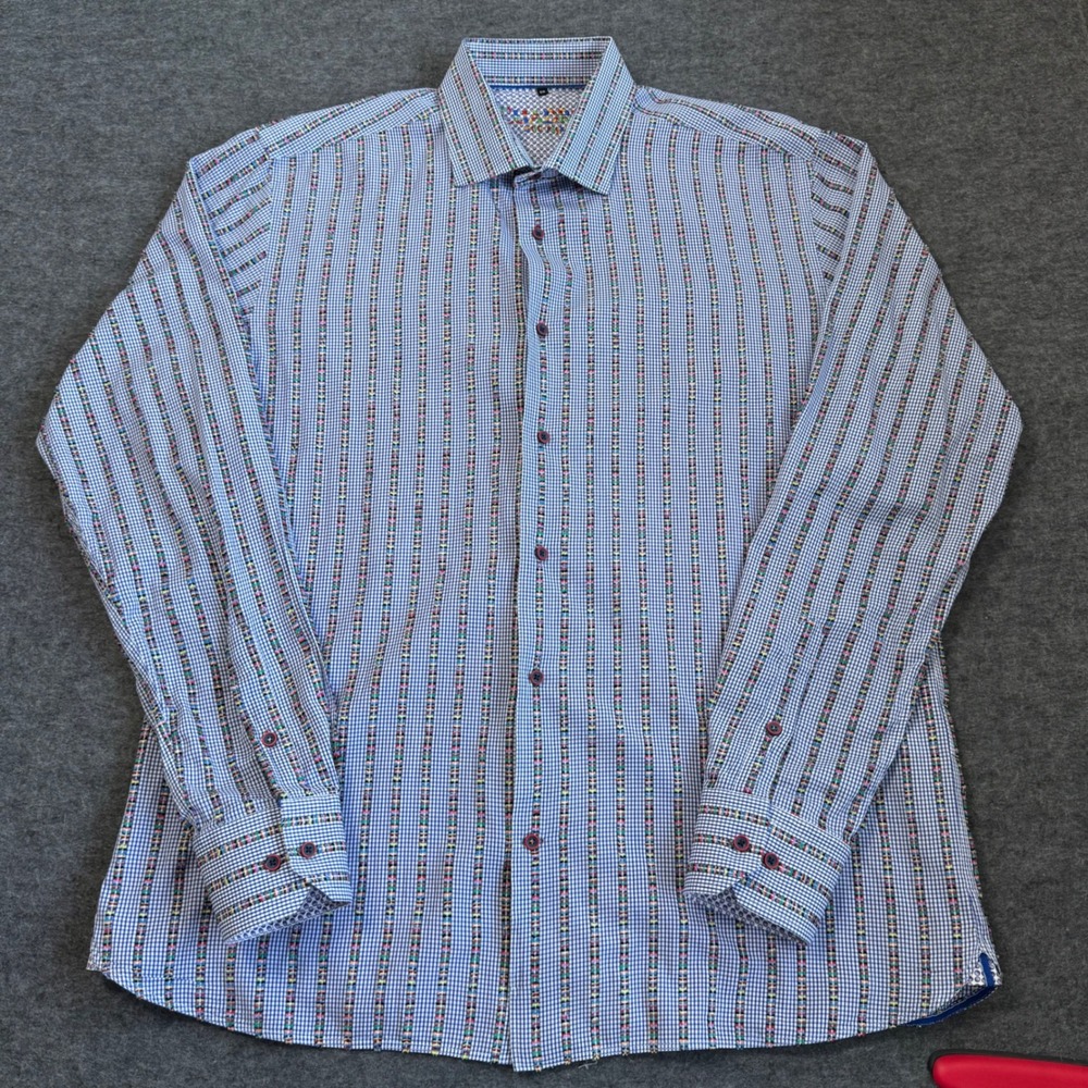 Cuadra Mens XL Blue Gingham Embroidered Stripe Flip Cuff Cotton Button Down